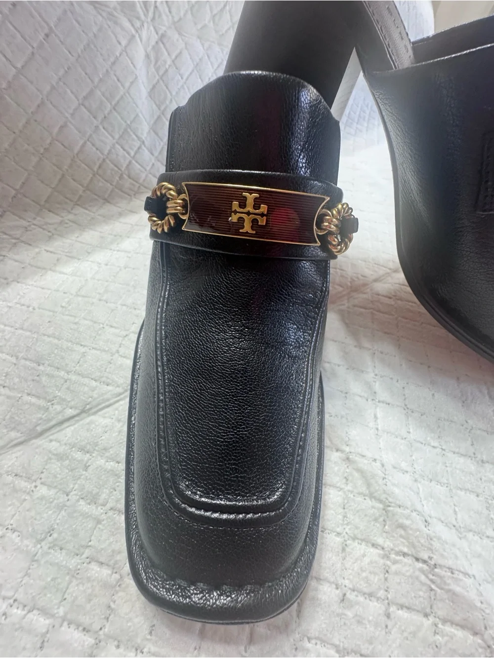 Tory Burch Perrine Black Leather Logo-Trim Block Heel Mules